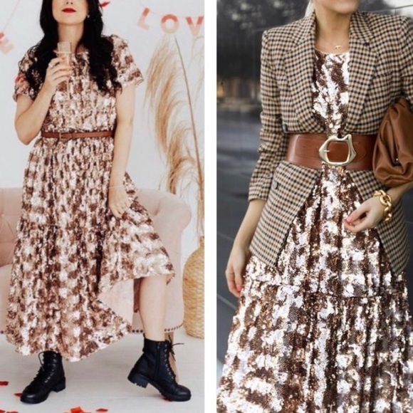 Anthropologie Maeve Bernadette Rose Gold Sequin Tiered Midi Dress Size M - Picture 3 of 17